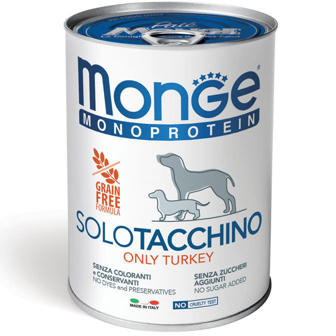 Lattina Monge Solo Tacchino 400g per cane adulto, alimento completo monoproteico senza cereali Lattina Monge Solo Tacchino 400g per cane adulto, alimento completo monoproteico senza cereali